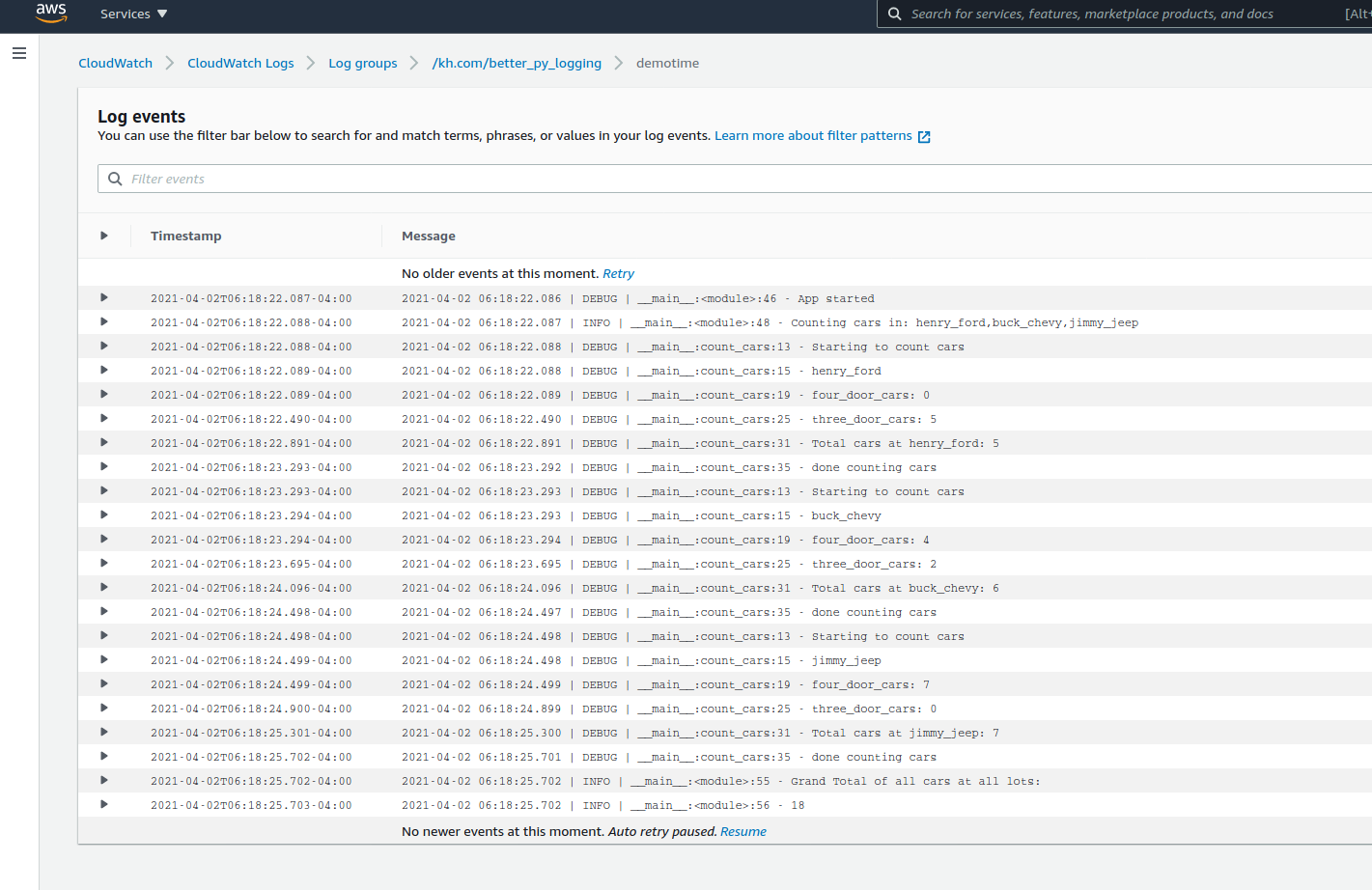 screenshot of log data in AWS